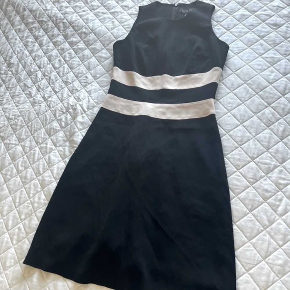 Ellen Tracy Black Midi Dress with Cream Waist Bands